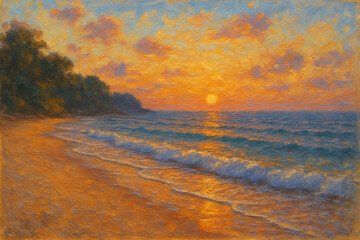 Realistic oil painting style illustration of a sunset beach, Generative AI