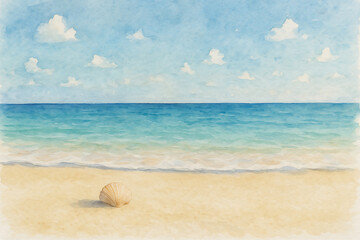 Watercolor style illustration of a summer beach with seashell and calm sea, Generative AI