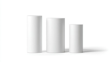 Three white cylindrical podiums of varying heights against a white background