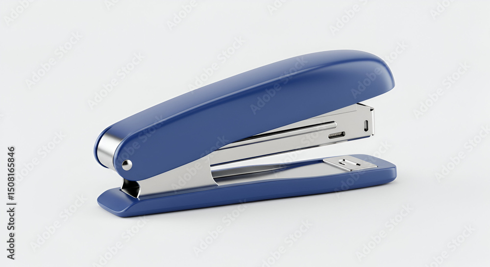 Poster blue stapler in a neutral setting. object is angled, with a focus on the design details. office supp