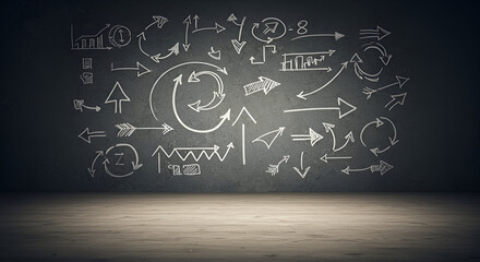 Empty room with strategy sketches on a textured wall. Interior space with directional diagrams and charts, highlighting the concept of planning, strategizing, and organization.