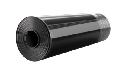 A tightly wound roll of dark, translucent sheet material, possibly plastic or film, showcasing a cylindrical core
