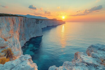 Sunset over coastal cliffs, serene ocean view, travel postcard