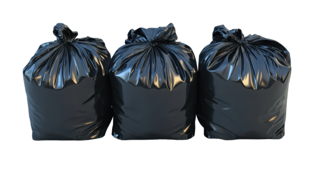 Three full, dark-colored trash bags tightly knotted, arranged in a row against a black background