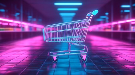 Empty shopping cart in a neon-lit supermarket aisle.
