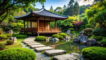Fototapeta premium Serene Japanese Garden Pavilion: Tranquil Pond and Stone Pathway