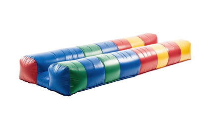 Inflatable dual-lane slide with red, yellow, green, and blue segments