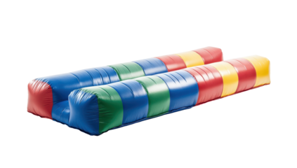 Inflatable dual-lane slide with red, yellow, green, and blue segments