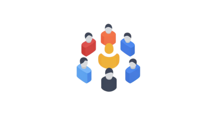 Isometric illustration of a central figure surrounded by six others, each colored differently, symbolizing teamwork or a network