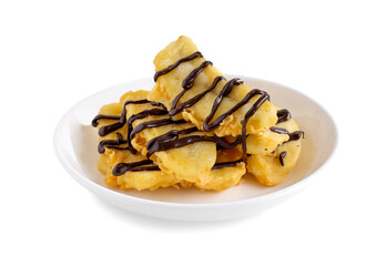Pisang Goreng coklat or banana fritters with chocolate on top served in white plate