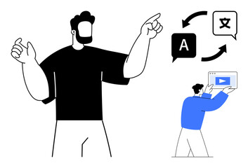 Two individuals conceptually interact with language translation tools, speech bubbles, and digital media. Ideal for communication, globalization, education, technology, creativity, collaboration
