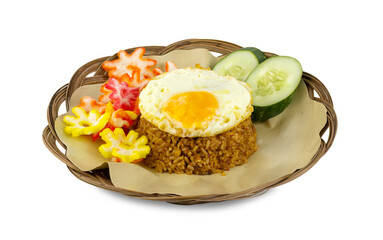 Nasi Goreng Telur Ceplok or Fried Rice with sunny side up egg isolated on white background. Indonesian traditional food