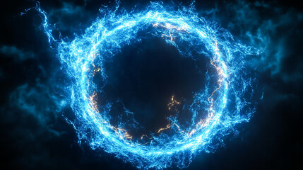 Glowing electric blue lightning round frame with plasma portal, isolated on transparent layer overlay or black background