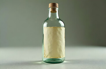 Glass bottle with label mock up isolated, laboratory chemical industry, vodka, moonshine