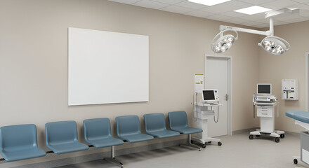 Empty waiting area with medical equipment in a modern clinic. Patients are seated in a row of light blue chairs awaiting examination, with a blank white board above them.
