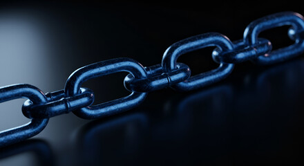 Industrial metal chain links in a close-up shot on a dark surface. Close-up view of a chain links in a studio setting. Abstract industrial object. Close-up -