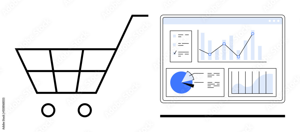 Poster shopping cart alongside analytics dashboard with charts, graphs, and data insights. ideal for ecomme