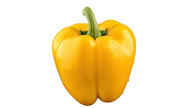 A vibrant, glossy yellow bell pepper, plump and smooth, with a short, green stem