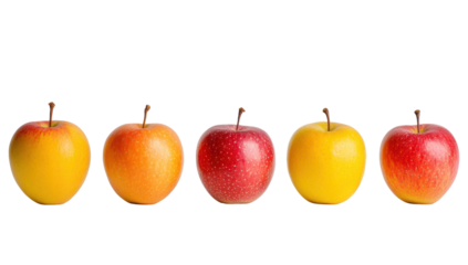 Five ripe apples, varying shades of red and yellow, arranged in a horizontal row against a black background