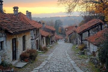 Cobblestone street, autumn village, sunset hills. Travel, tourism