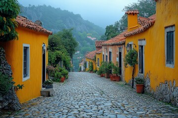 Cobblestone street, yellow houses, hills, Portugal, travel