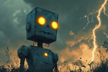 Rusty robot in field, stormy sky