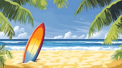 Colorful surfboard on a tropical beach scene.