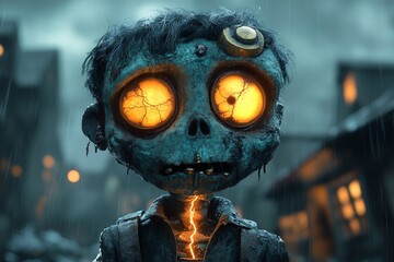 Zombie child, rainy city, apocalypse, horror game art