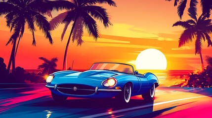 Blue convertible sports car on a road at sunset.