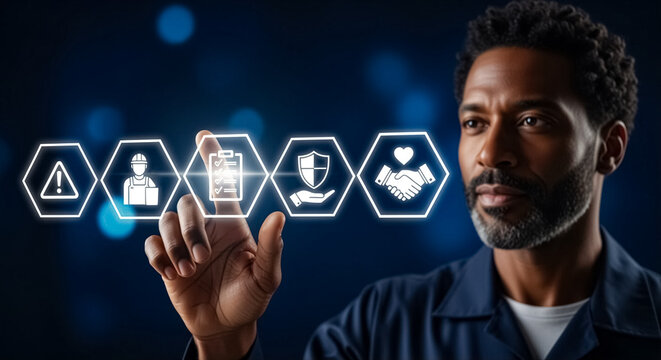 Businessman interacting with digital icons representing business concepts and ideas