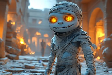 Mummy creature, desert city, fire, chaos, gaming