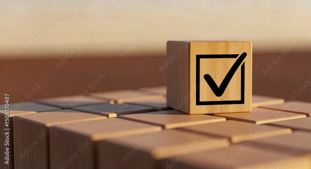 Aufkleber wooden block with check mark on a stack of blocks for business success and achievement