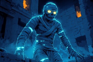 Glowing mummy in ruins at night; Halloween