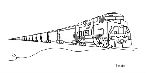 Freight train with locomotive continuous single line art drawing sketch on white background