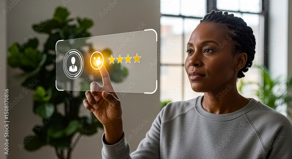 Poster woman using touchscreen interface for customer feedback and digital interaction