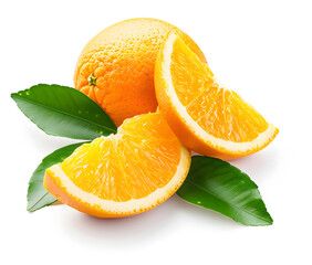 Fresh and vibrant whole orange with two juicy slices cut out, showcasing glossy skin and natural seeds against a clean white background, complemented by green leaves for contrast. Perfect for healthy

