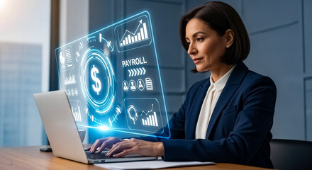 Woman using laptop for digital payroll in a business setting