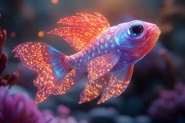 Glowing fish swims in ocean reef, digital art, aquarium backdrop