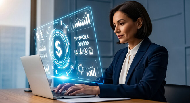 Woman using laptop for digital payroll in a business setting