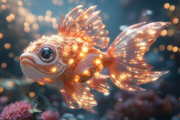 Luminous fish swims in ocean, coral background, digital art, fantasy