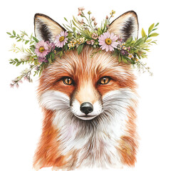 Watercolor Fox Head with Floral Crown Isolated on Transparent PNG Background Illustration Image