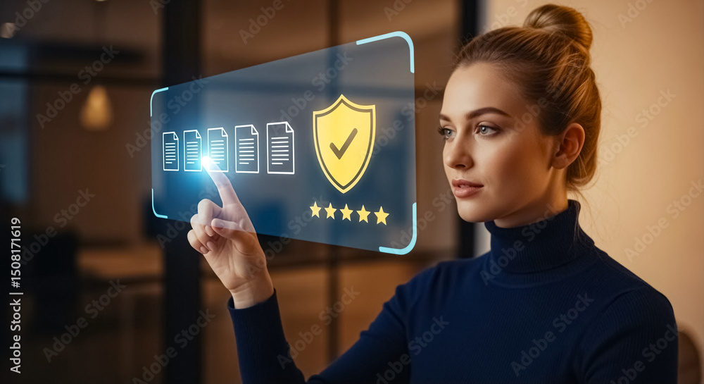 Poster woman interacting with digital interface displaying business documents and security icons