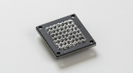 Square, dark gray metal plate with a silver mesh