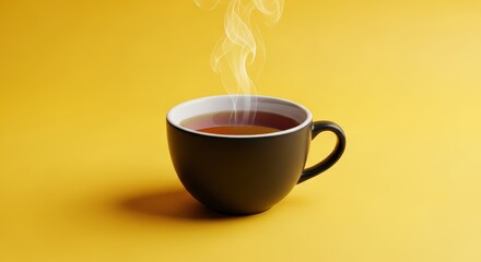 Hot tea cup steaming drink beverage relaxation yellow background