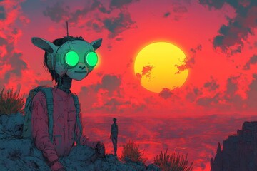 Robot and person sunset vista, red sky