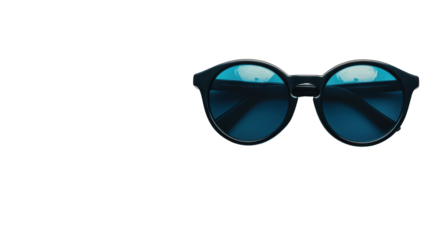 Round, dark-framed sunglasses with vibrant blue lenses reflect light, isolated on black
