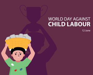 illustration vector graphic of a child lifting a basket filled with stones, showing the shadow of the child lifting a trophy, perfect for international day, world day against child labor, celebrate.