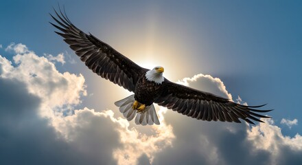 Obraz premium Majestic Bald Eagle Soaring Through Sunlit Clouds