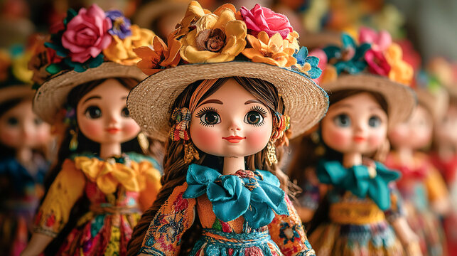 Handmade so joo wooden dolls in vibrant folk attire for festa junina, june party celebration