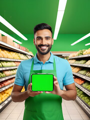 Smiling Merchant at groceries store hold mobile with green screen mock up by looking at camera - concept of Technology, advertisement, online booking and e-commerce